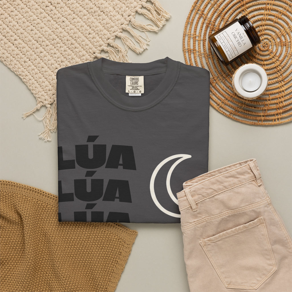 Lúa Crescent Moon Graphic T‑Shirt — Retro Block Text Tee